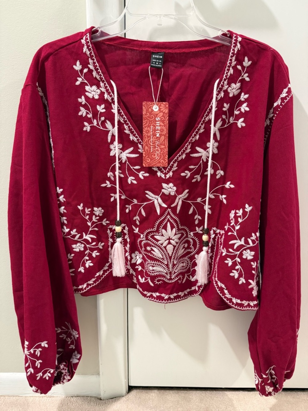 NWT SHEIN Red Long-Sleeve Embroidered V-Neck Tassel Top